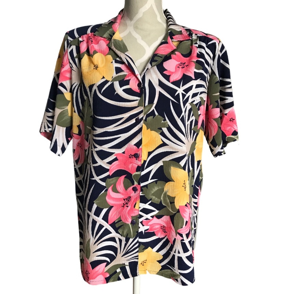 💕 Vintage Alia Tropical Floral Print Button Down Blouse Size 10